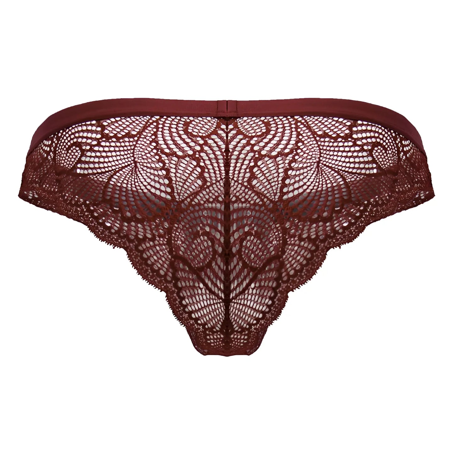 CandyMan 99868 lace briefs in wine color featuring maroon floral lace and a smooth elastic waistband