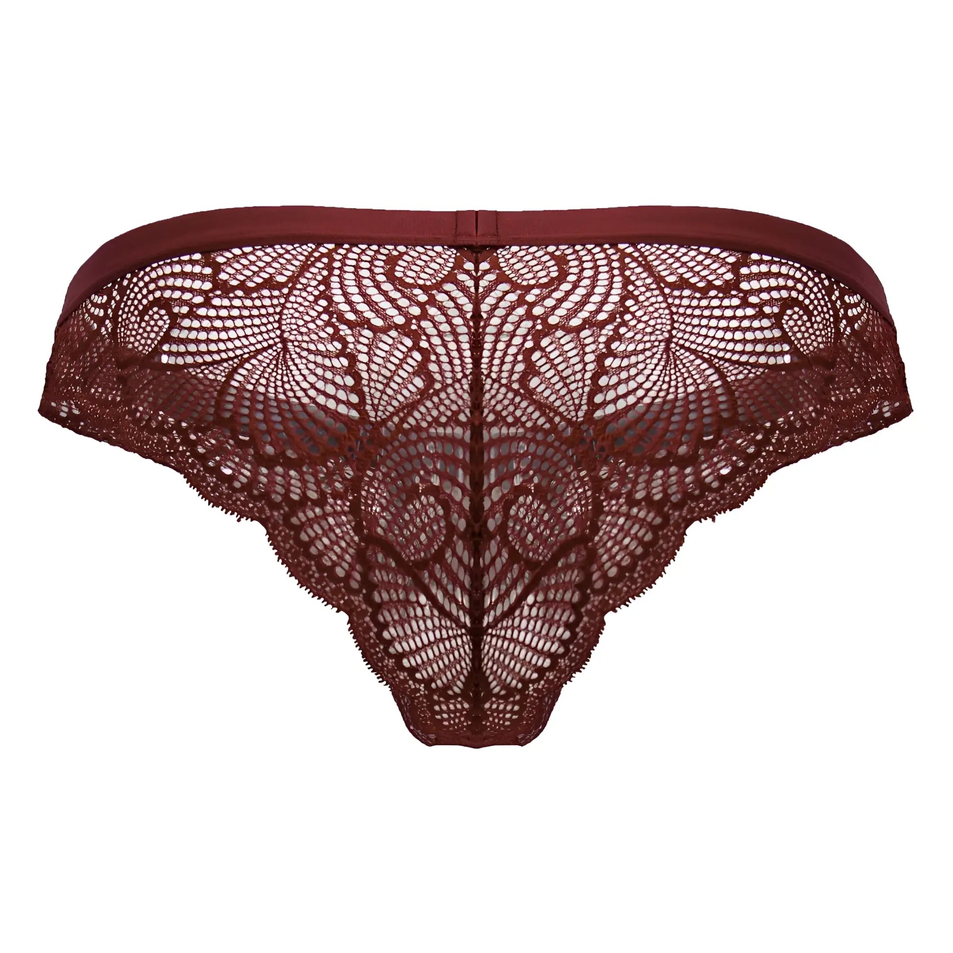CandyMan 99868 lace briefs in wine color featuring maroon floral lace and a smooth elastic waistband