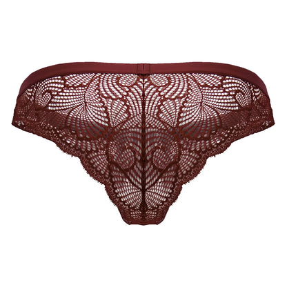CandyMan 99868 lace briefs in wine color featuring maroon floral lace and a smooth elastic waistband