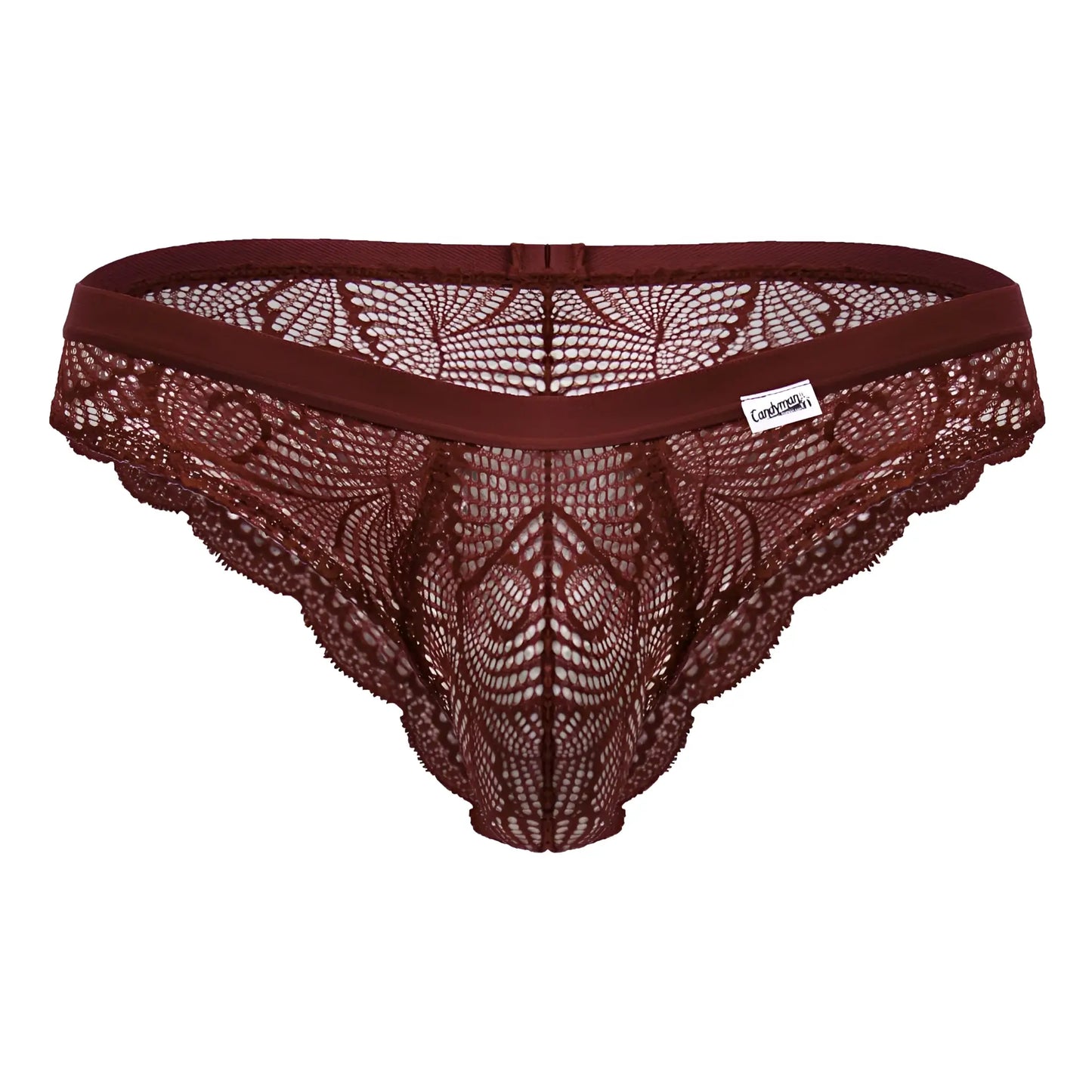 CandyMan 99868 lace briefs in wine color featuring a maroon lace thong with intricate floral patterns and solid waistband
