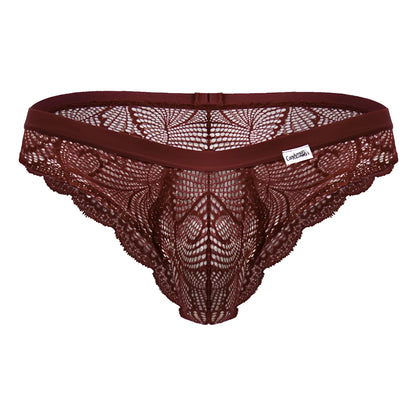 CandyMan 99868 lace briefs in wine color featuring a maroon lace thong with intricate floral patterns and solid waistband