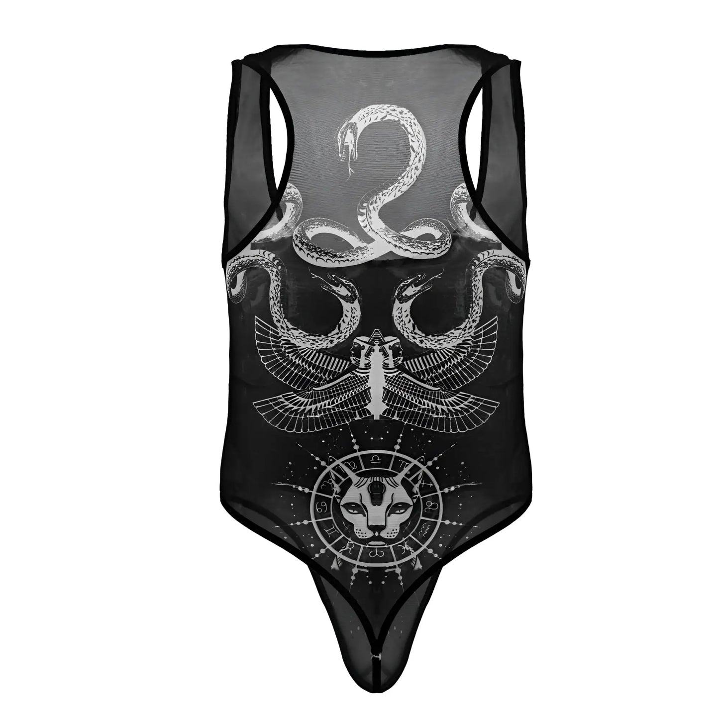 Black sheer mesh one-piece bodysuit with white intricate snakes winged figure and feline head by CandyMan 99869