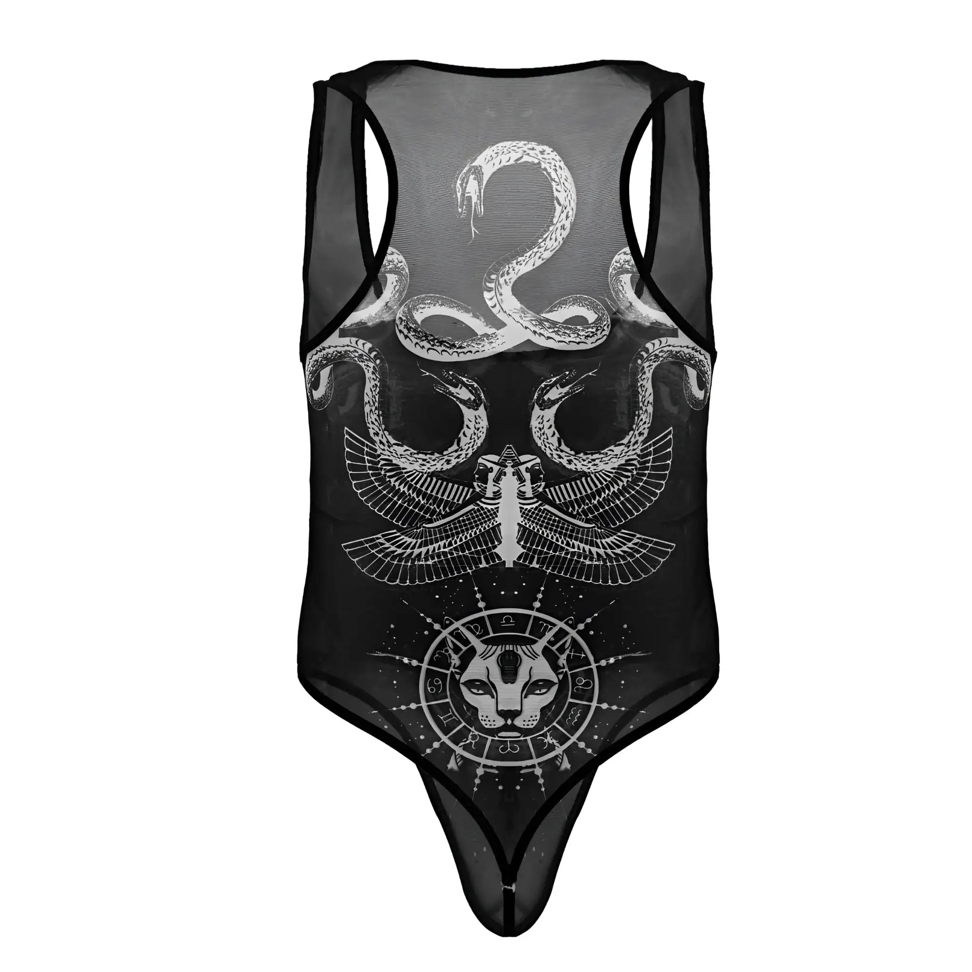 Black sheer mesh one-piece bodysuit with white intricate snakes winged figure and feline head by CandyMan 99869