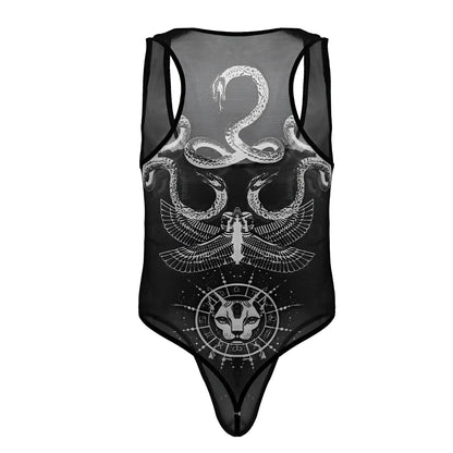 Black sheer mesh one-piece bodysuit with white intricate snakes winged figure and feline head by CandyMan 99869