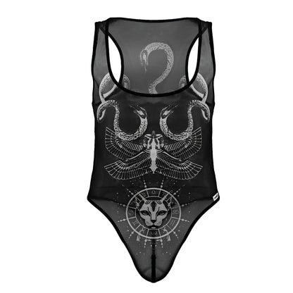 Black sheer mesh one-piece bodysuit candyMan 99869 with white intricate snake line art and winged figure above cat zodiac symbol
