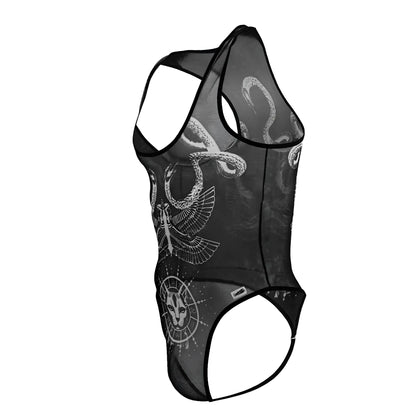 Black sheer mesh tank top featuring white line art of snakes eagle and feline face in circular design candyMan 99869
