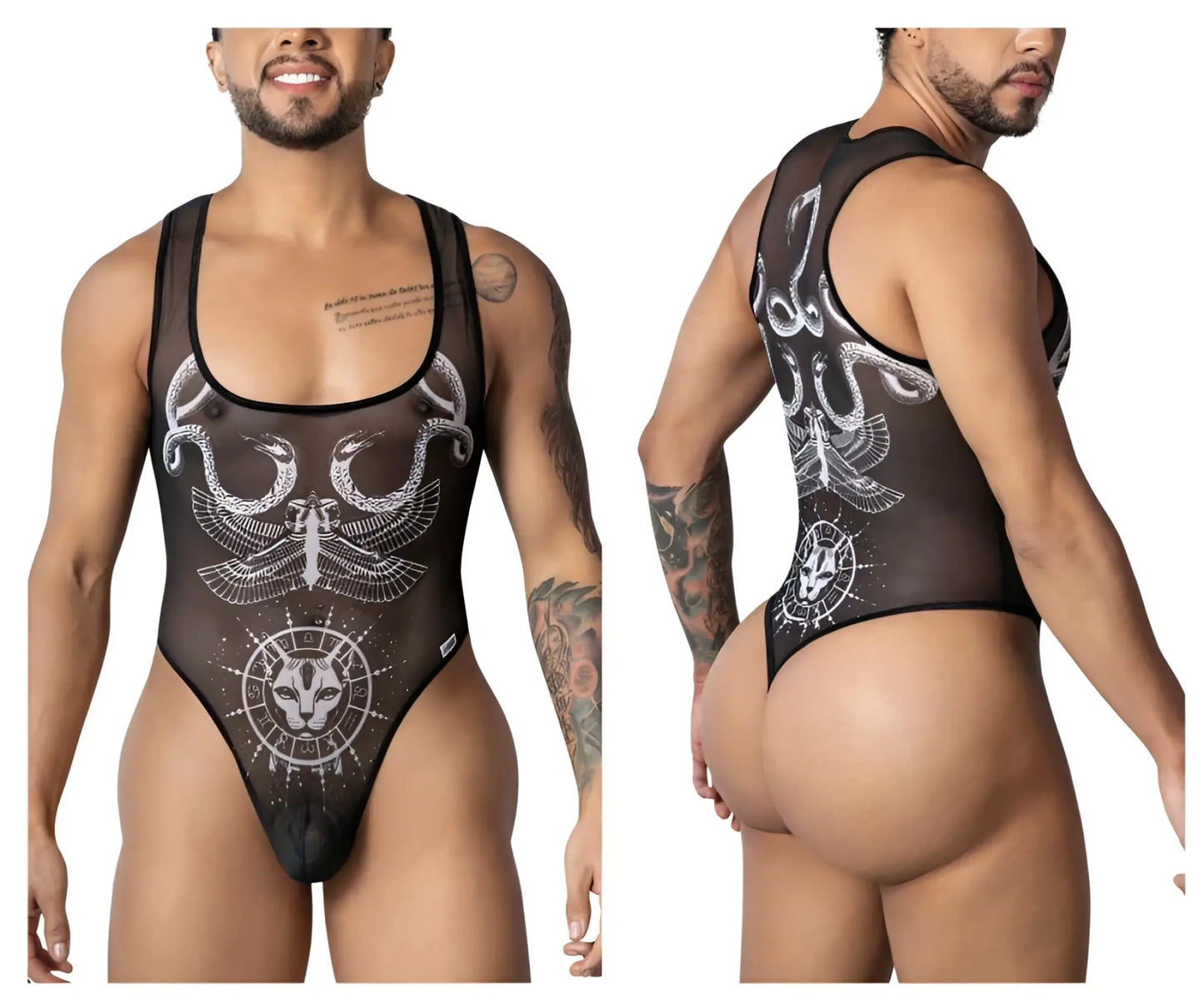 Black sheer one-piece bodysuit with white intricate winged serpent and cat zodiac designs candyMan 99869