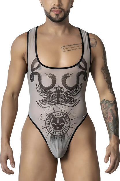 Gray mesh one-piece bodysuit with black inked zodiac and mythological creature design candyMan 99869 nude-black