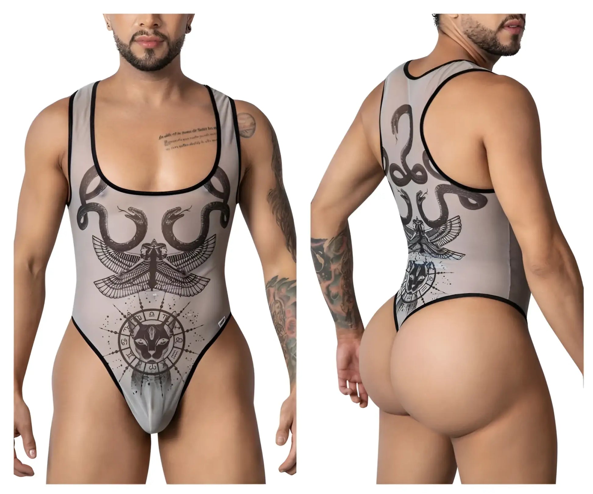 Gray mesh candyMan 99869 Egyptian bodysuit with black inked serpent winged beetle and zodiac cat designs