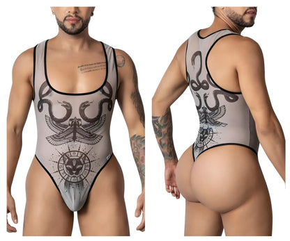 Gray mesh candyMan 99869 Egyptian bodysuit with black inked serpent winged beetle and zodiac cat designs