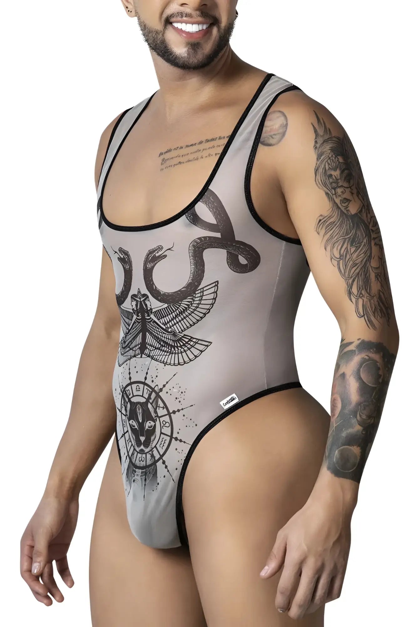 Gray mesh candy man 99869 egyptian one-piece bodysuit with black trim and intricate moth snakes animal head design