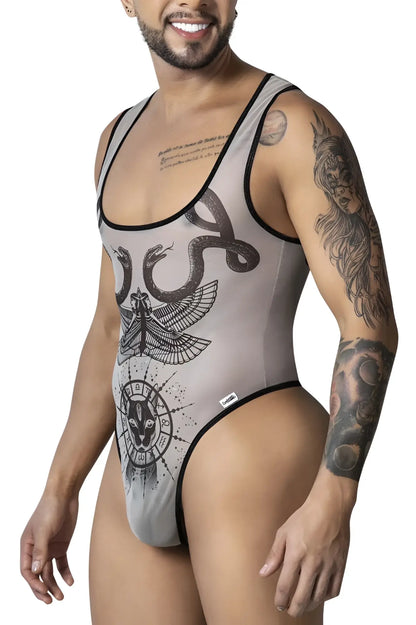 Gray mesh candy man 99869 egyptian one-piece bodysuit with black trim and intricate moth snakes animal head design