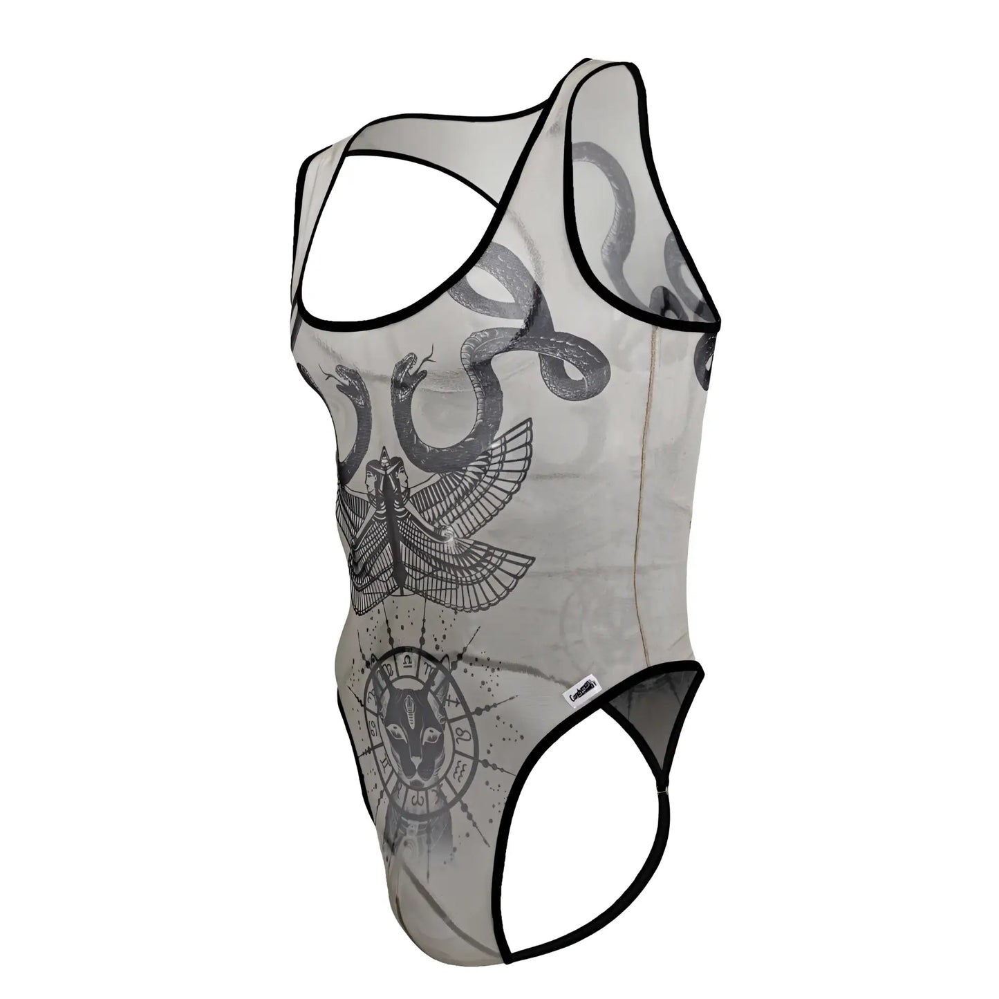 Sheer gray mesh candy man 99869 egyptian bodysuit tank top with black trim and snake eagle cat zodiac print