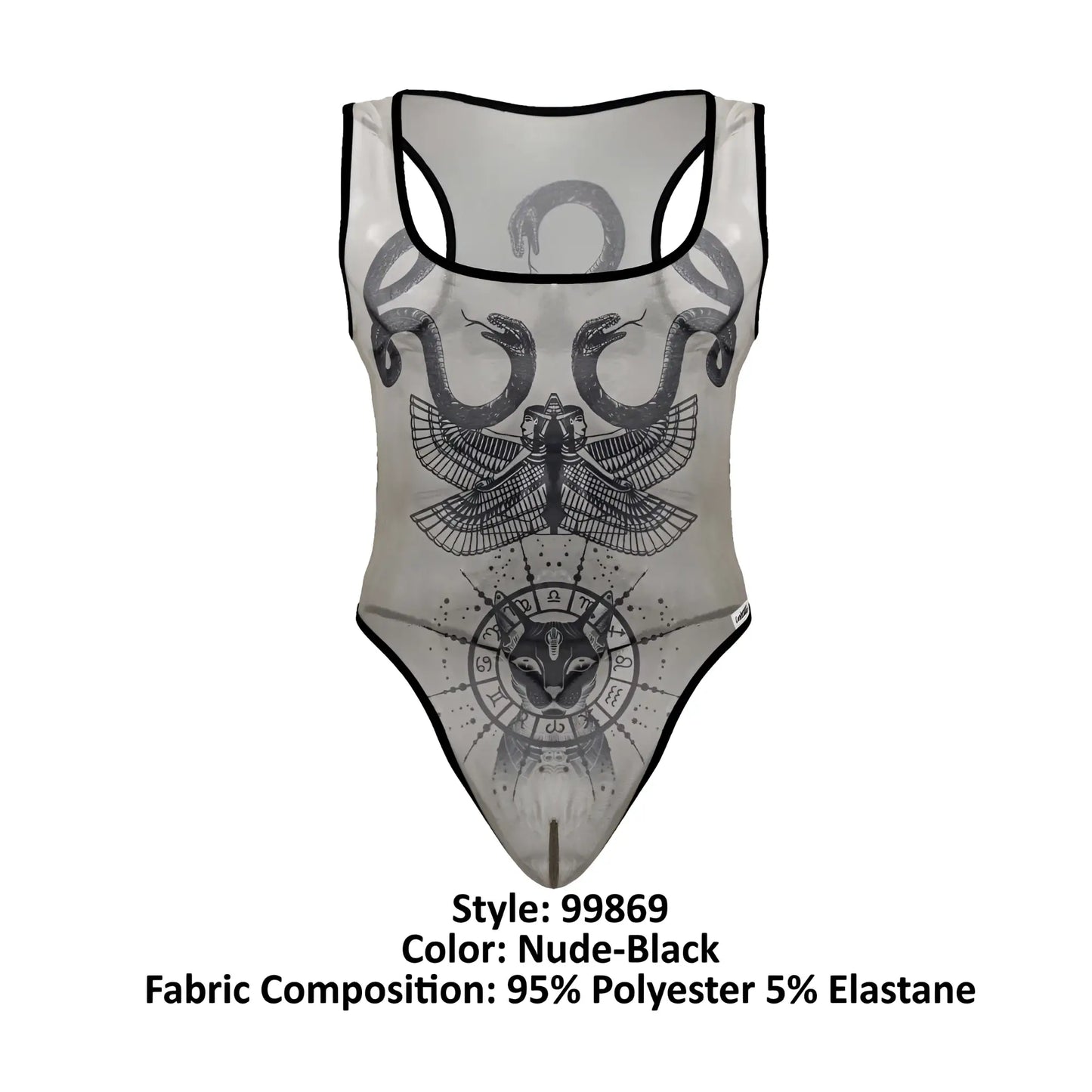 Sheer nude-black one-piece swimsuit candyMan 99869 with intricate black snake and eagle-headed figure graphic designs