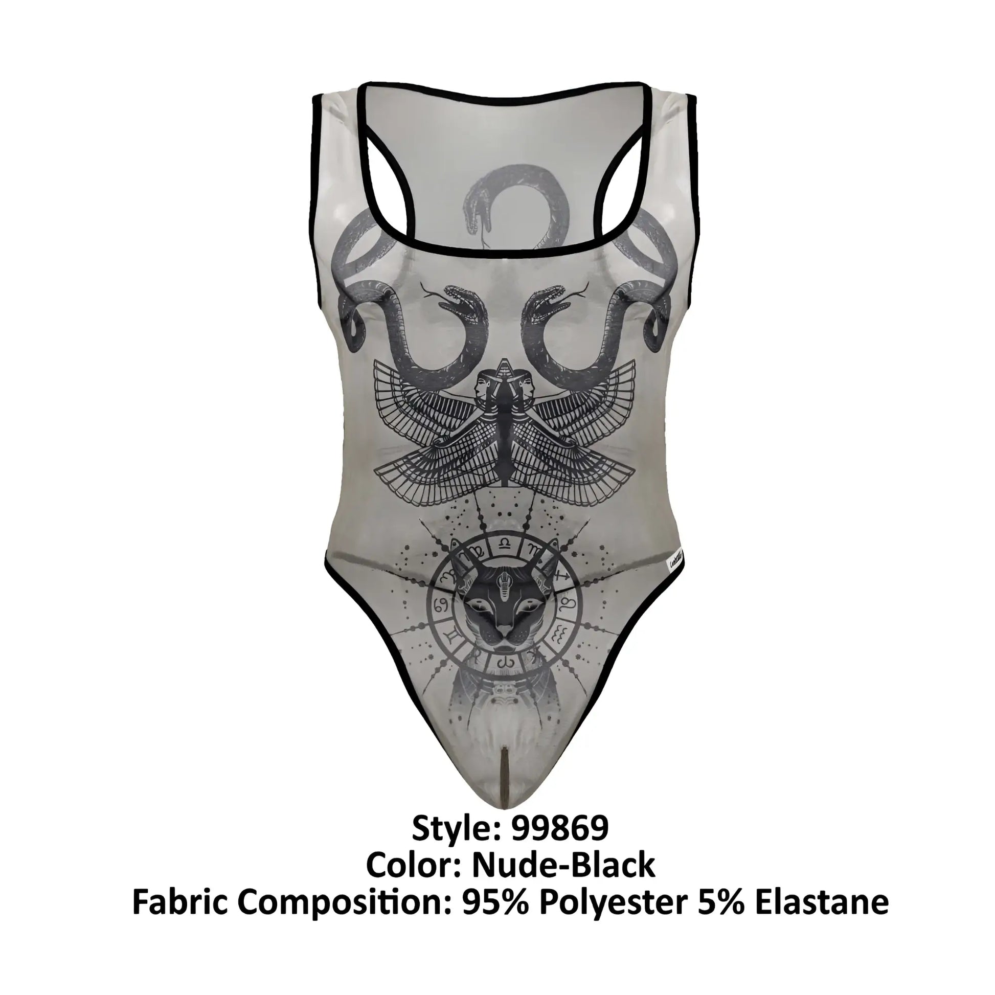 Sheer nude-black one-piece swimsuit candyMan 99869 with intricate black snake and eagle-headed figure graphic designs