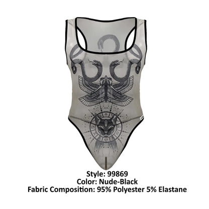 Sheer nude-black one-piece swimsuit candyMan 99869 with intricate black snake and eagle-headed figure graphic designs