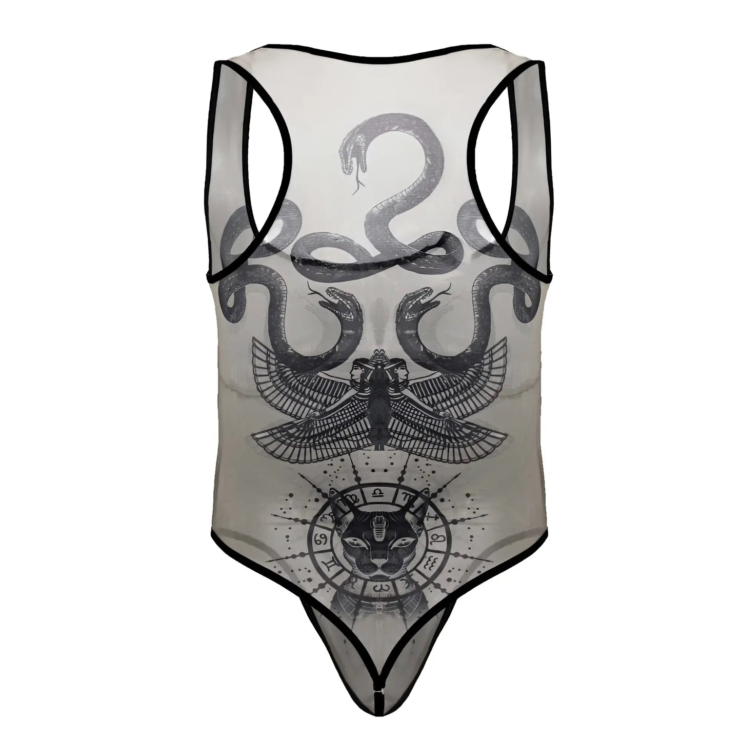 A sheer nude-black CandyMan 99869 Egyptian bodysuit with black trim featuring snakes, a winged figure, and a zodiac cat emblem