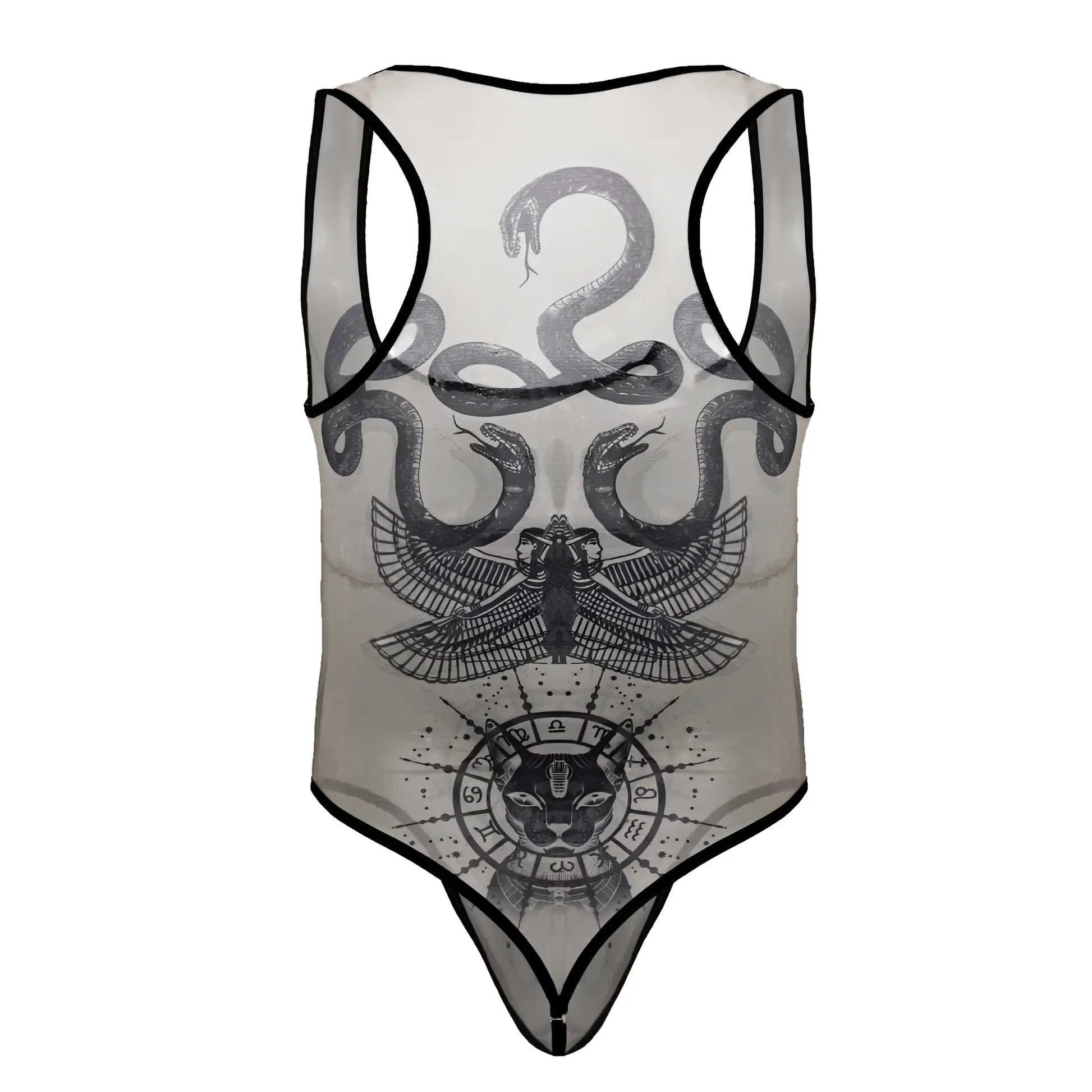 A sheer nude-black CandyMan 99869 Egyptian bodysuit with black trim featuring snakes, a winged figure, and a zodiac cat emblem