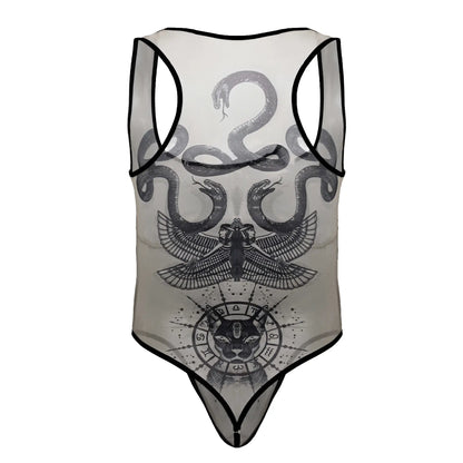 A sheer nude-black CandyMan 99869 Egyptian bodysuit with black trim featuring snakes, a winged figure, and a zodiac cat emblem