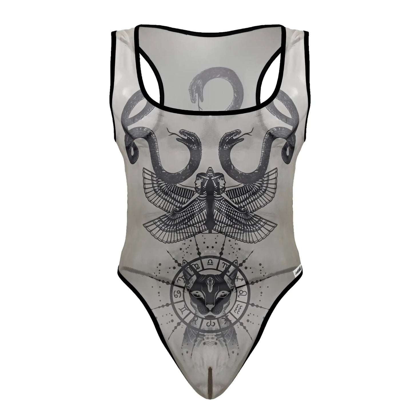 Sheer candyMan 99869 egyptian bodysuit in nude black with black trim and graphic snakes eagle cat zodiac design