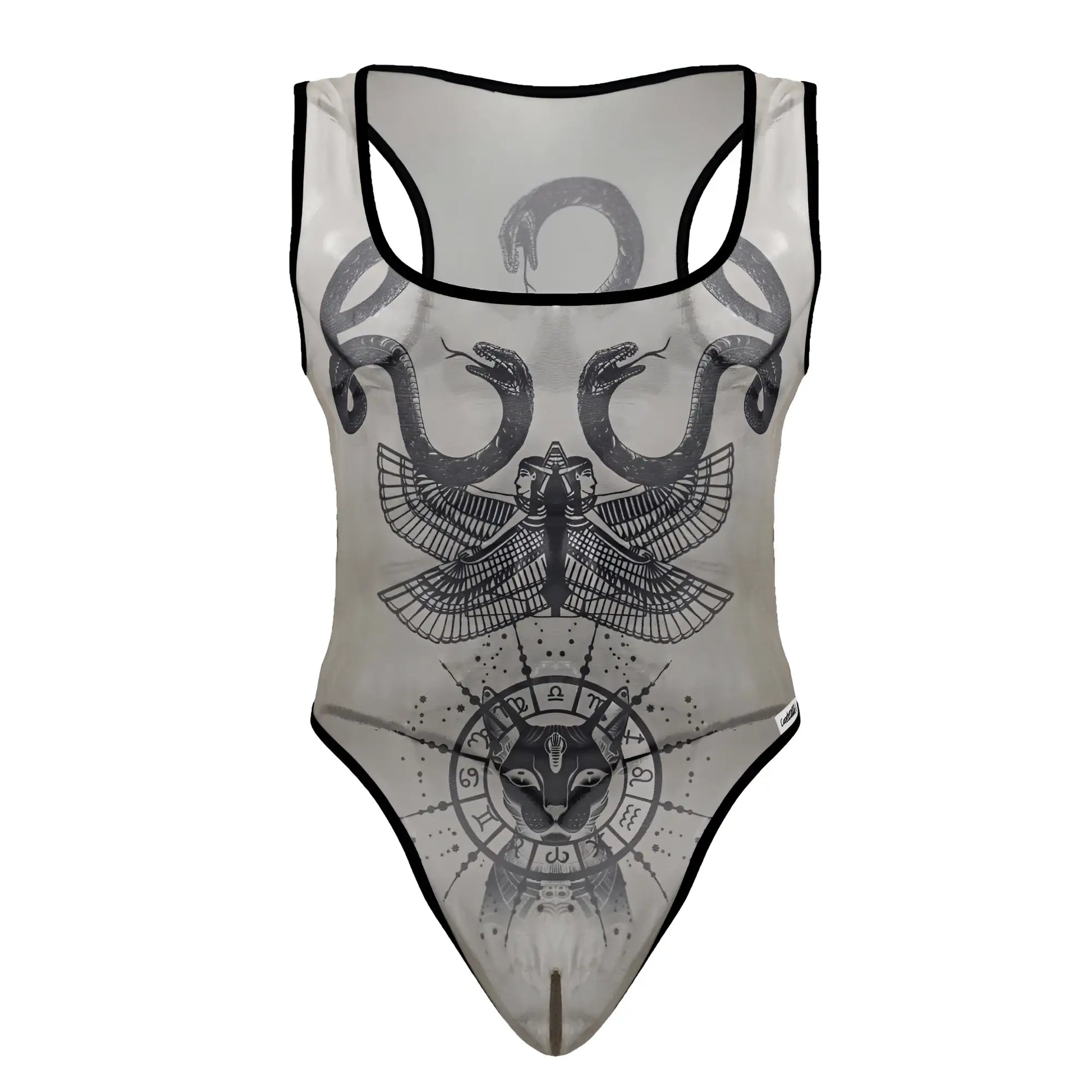 Sheer candyMan 99869 egyptian bodysuit in nude black with black trim and graphic snakes eagle cat zodiac design