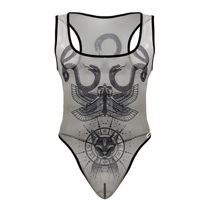 Sheer candyMan 99869 egyptian bodysuit in nude black with black trim and graphic snakes eagle cat zodiac design
