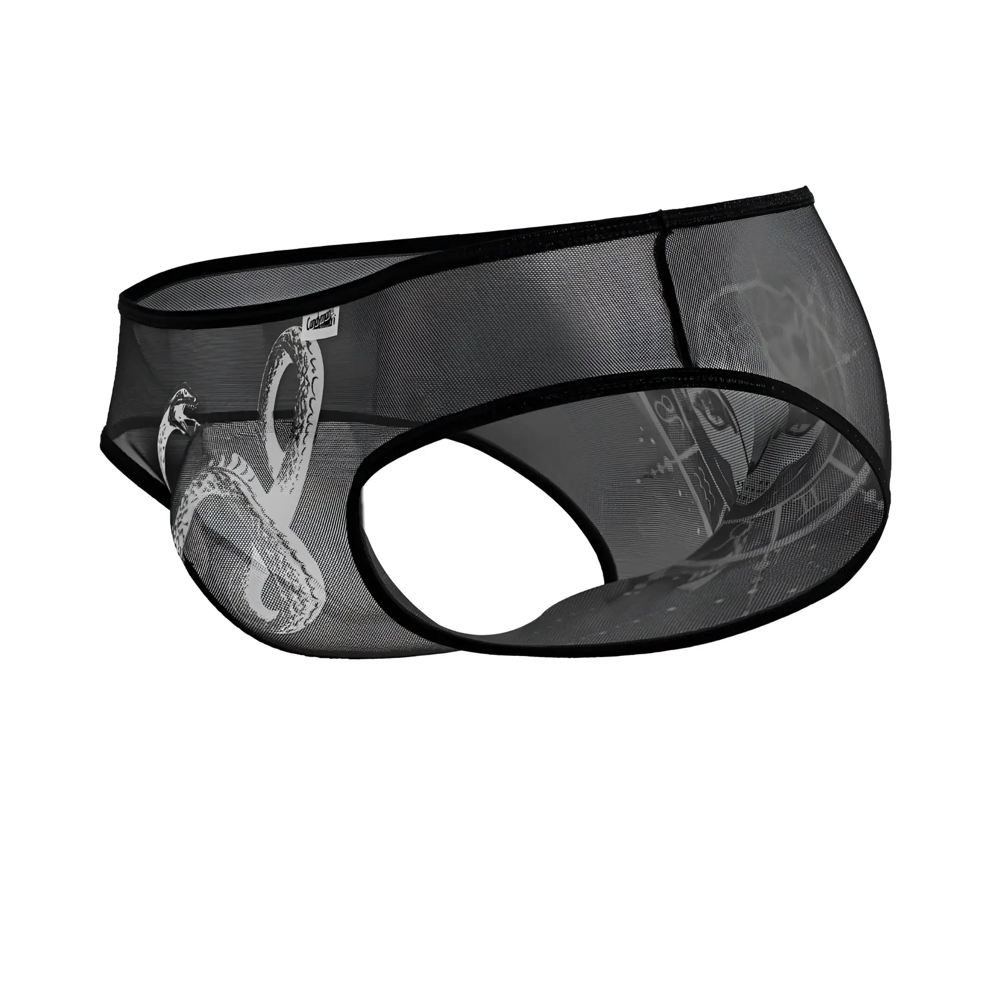 Black mesh candyMan 99871 Egyptian briefs featuring a detailed white snake design on the front