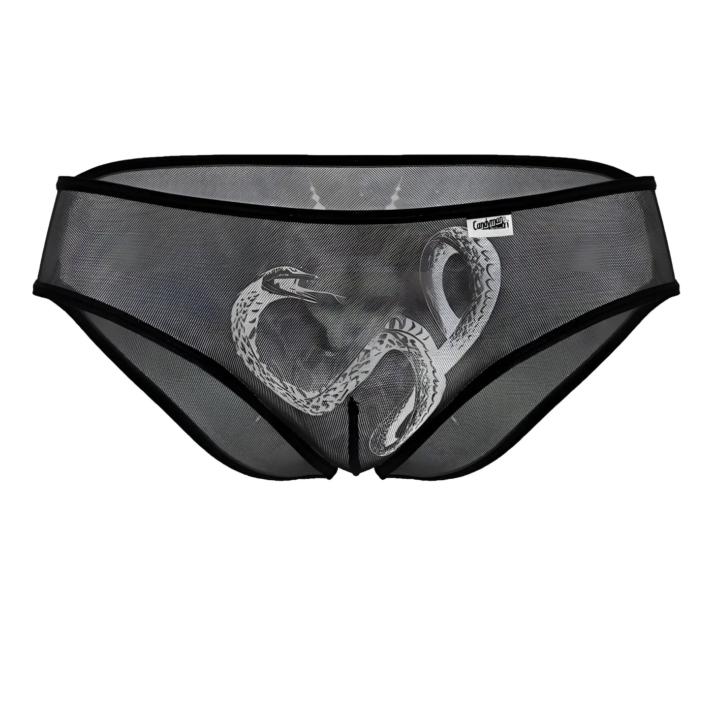 Black mesh briefs with a detailed white snake design from candyman 99871 egyptian briefs in black-white color