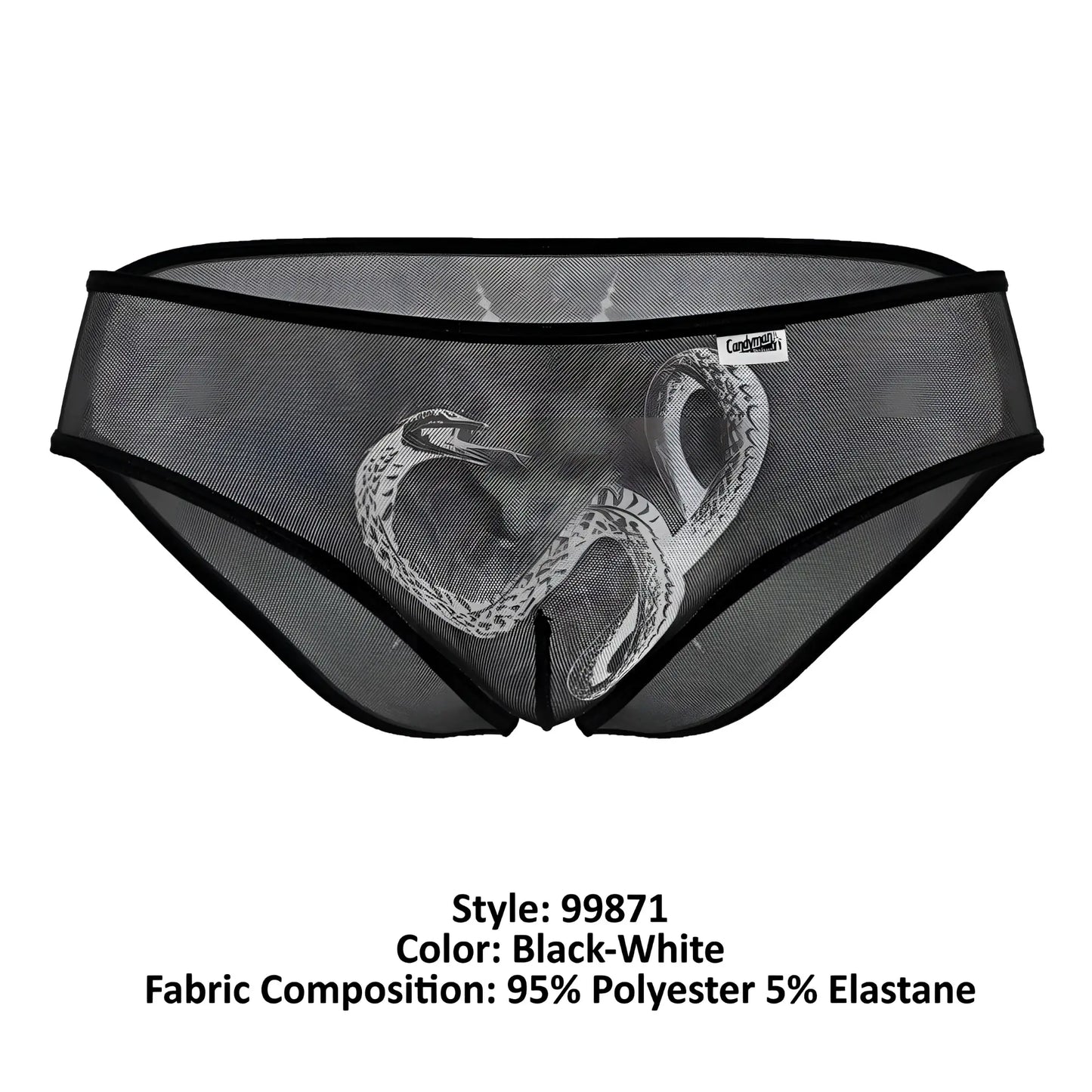 Black candyMan 99871 Egyptian briefs with white snake design made of 95 polyester and 5 elastane mesh fabric