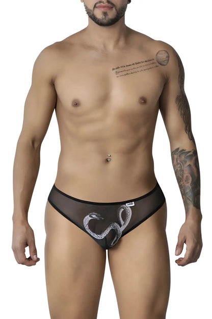 Black sheer mesh briefs with white embroidered snake design from candyman 99871 egyptian briefs collection