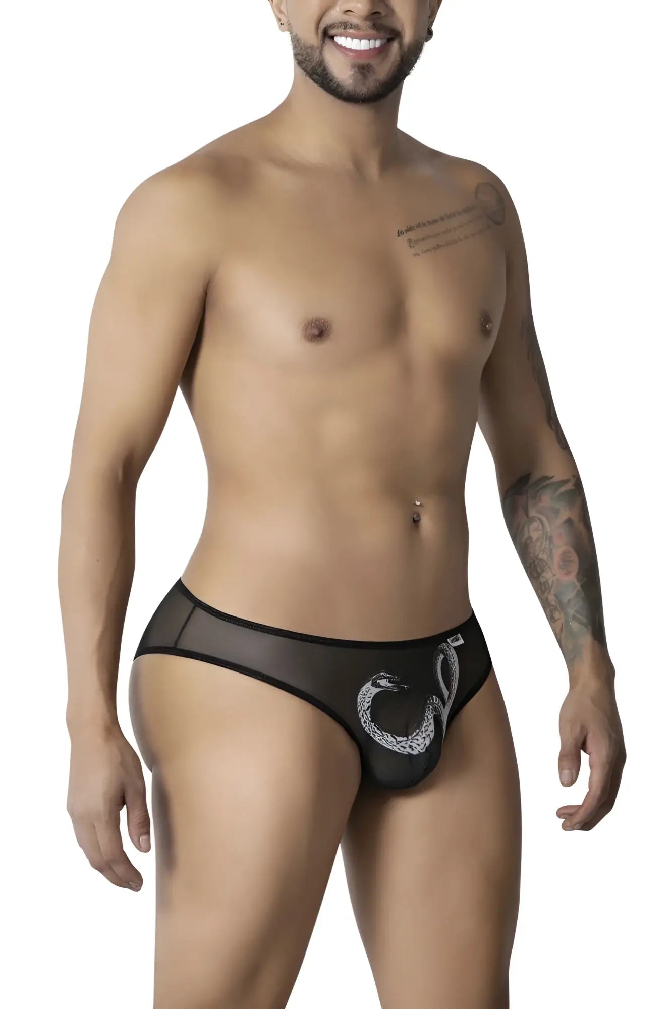 Black sheer mesh CandyMan 99871 Egyptian briefs featuring a white embroidered snake design