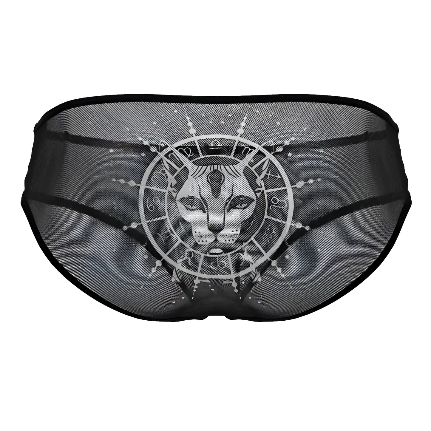 Black sheer mesh candyMan 99871 egyptian briefs featuring a white graphic of an egyptian cat and zodiac symbols