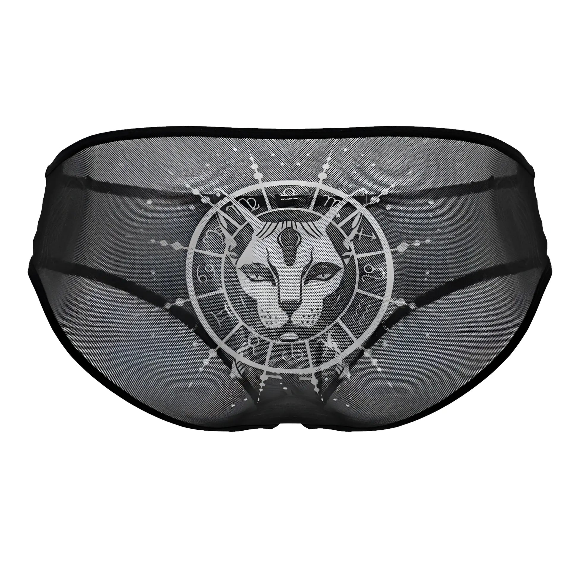 Black sheer mesh candyMan 99871 egyptian briefs featuring a white graphic of an egyptian cat and zodiac symbols