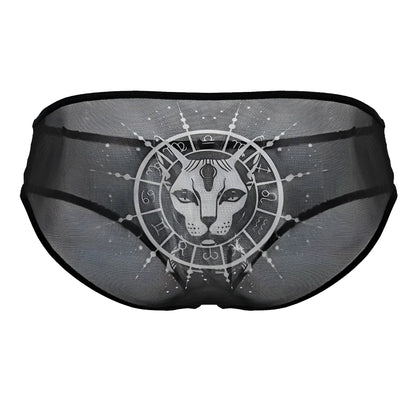 Black sheer mesh candyMan 99871 egyptian briefs featuring a white graphic of an egyptian cat and zodiac symbols