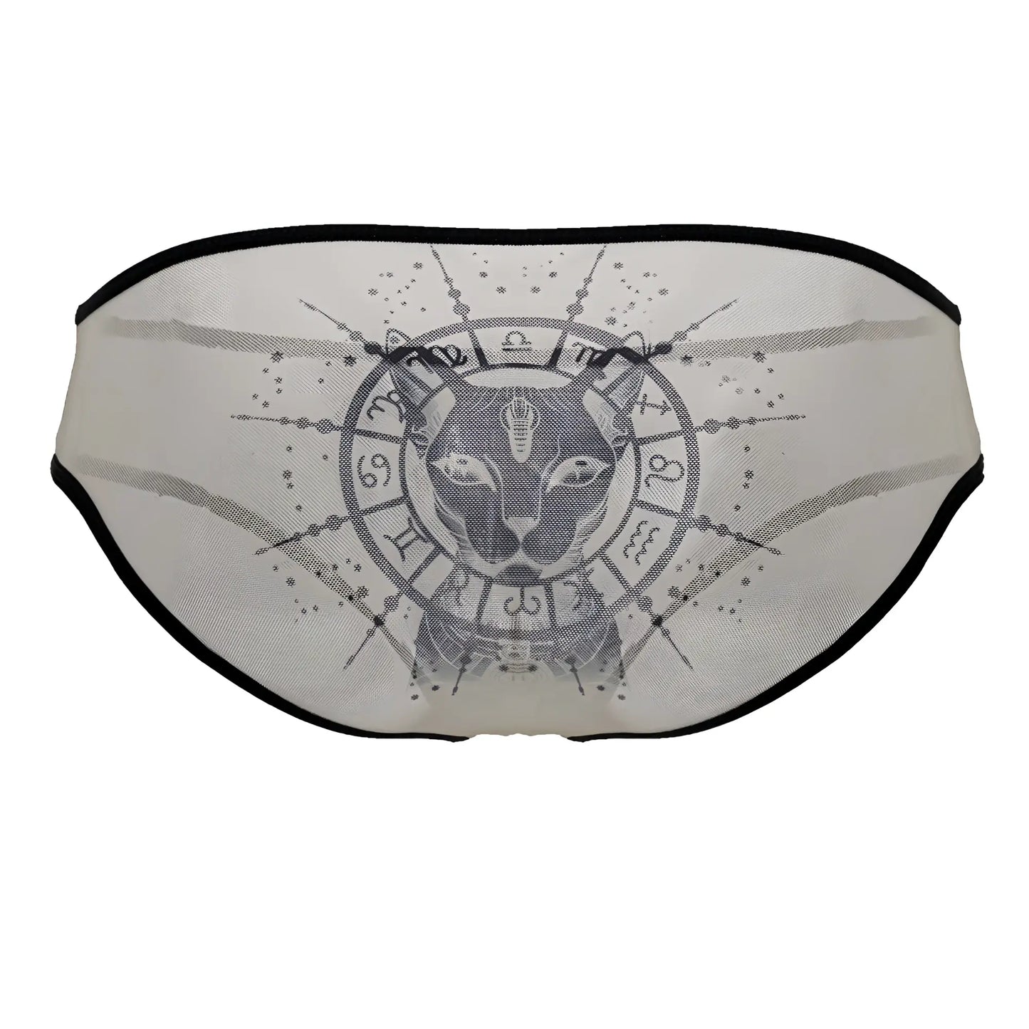CandyMan 99871 egyptian briefs in nude-black sheer mesh with black trim and gray egyptian cat graphic with zodiac symbols