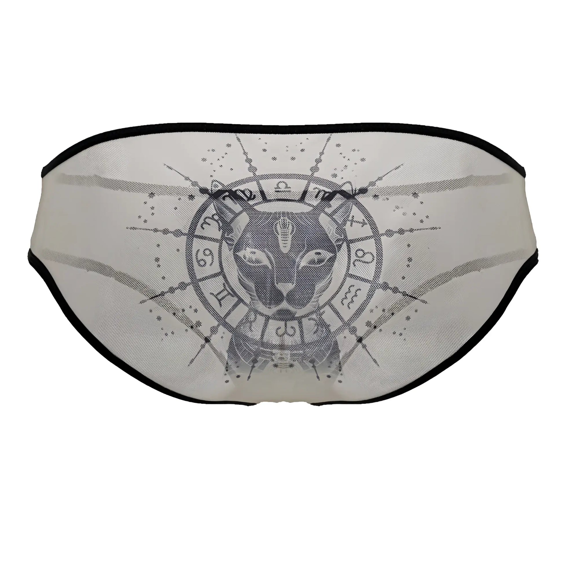 CandyMan 99871 egyptian briefs in nude-black sheer mesh with black trim and gray egyptian cat graphic with zodiac symbols