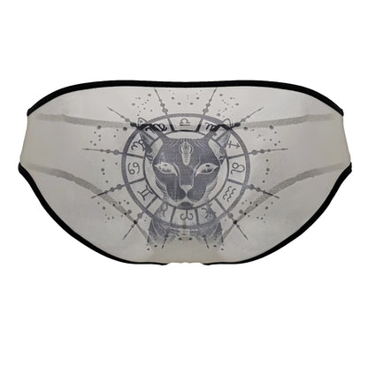 CandyMan 99871 egyptian briefs in nude-black sheer mesh with black trim and gray egyptian cat graphic with zodiac symbols