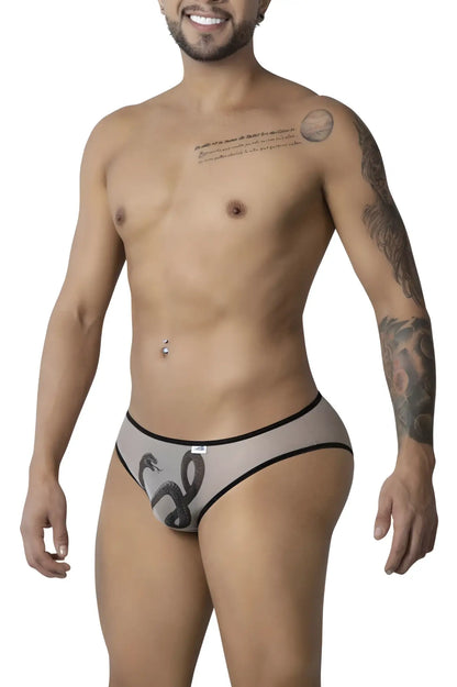 CandyMan 99871 Egyptian briefs in gray mesh with black snake design and contrasting black trim