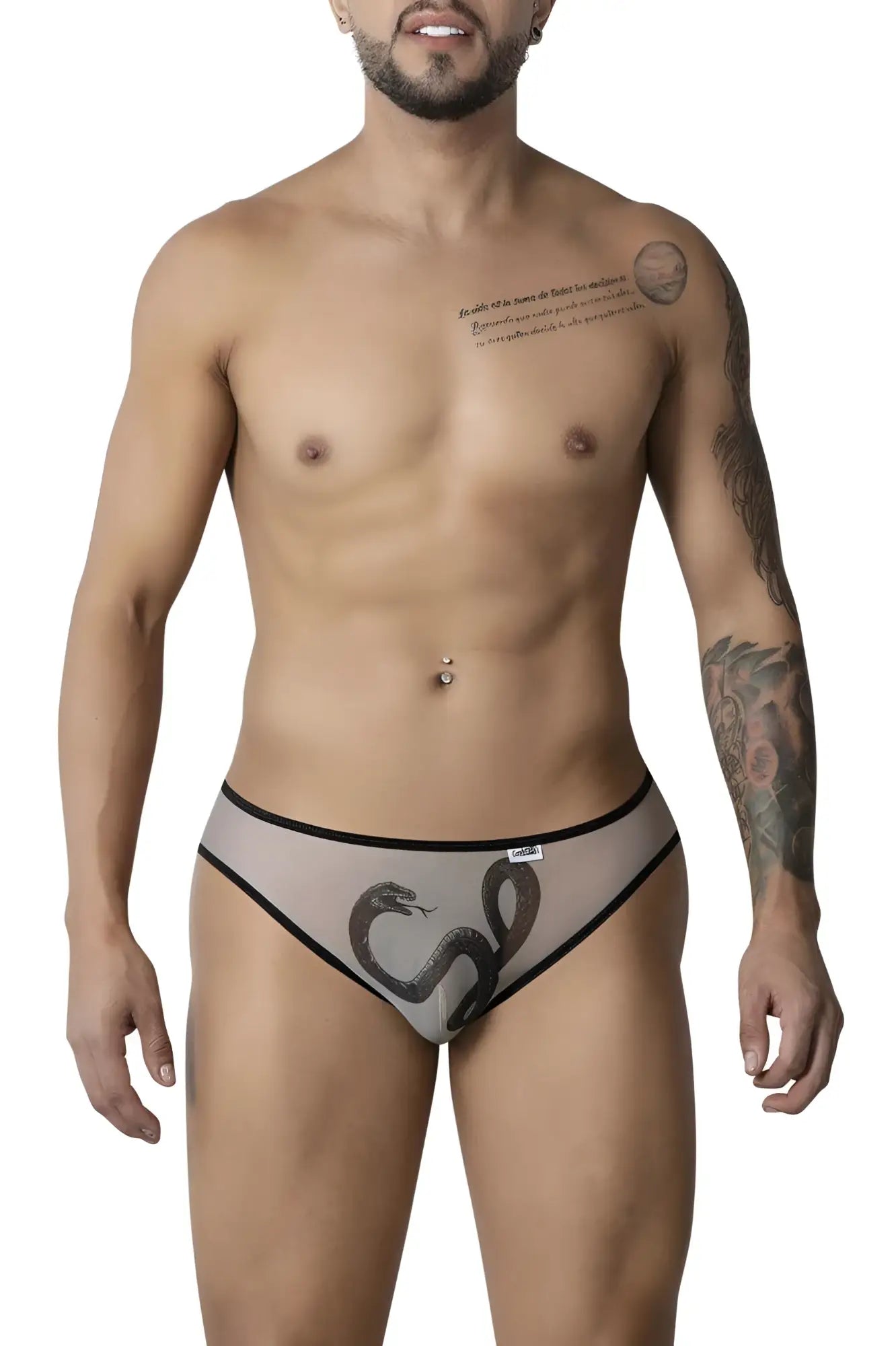 Candyman 99871 egyptian briefs in nude black sheer fabric with black snake design and contrasting trim