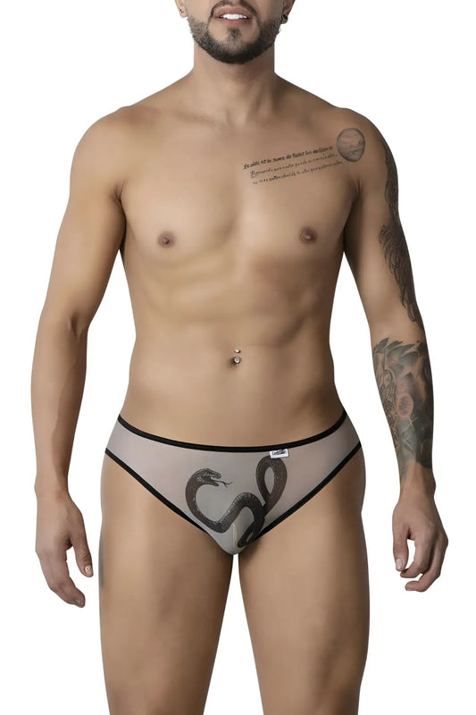 Candyman 99871 egyptian briefs in nude black sheer fabric with black snake design and contrasting trim