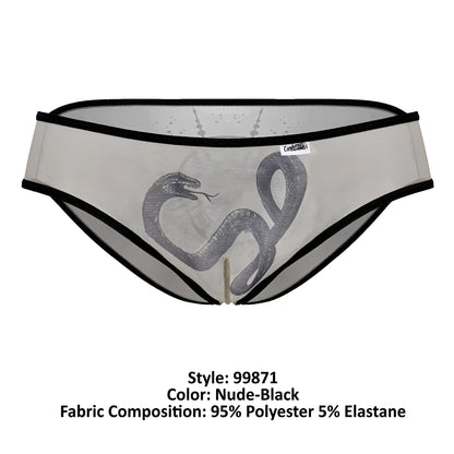 CandyMan 99871 Egyptian briefs in nude-black sheer mesh with black snake graphic and contrasting black trim