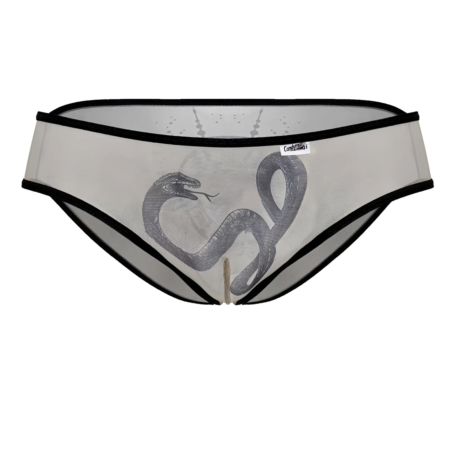 Black-trimmed sheer mesh CandyMan 99871 Egyptian briefs in nude and black with detailed gray snake illustration