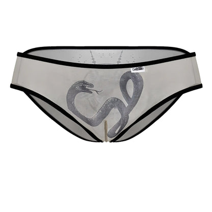 Black-trimmed sheer mesh CandyMan 99871 Egyptian briefs in nude and black with detailed gray snake illustration