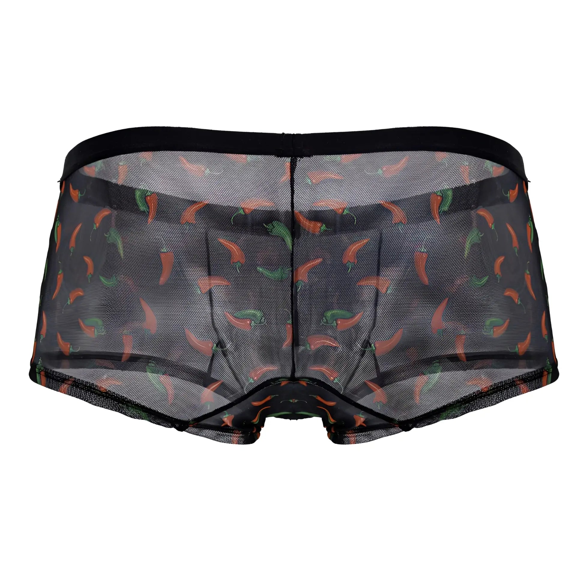 Black mesh CandyMan 99873 chili pepper trunks with playful orange and green chili pepper print