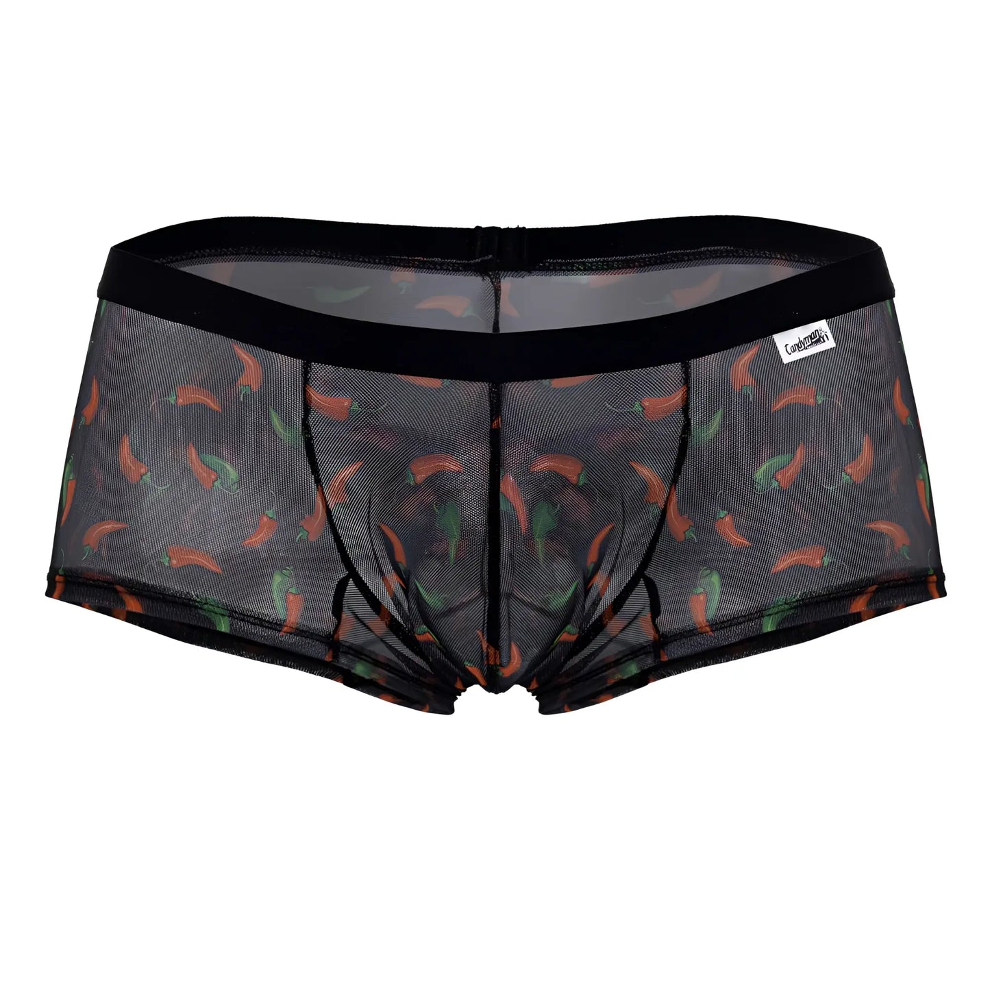 Black mesh briefs candyMan 99873 featuring a playful orange and green chili pepper print on black fabric