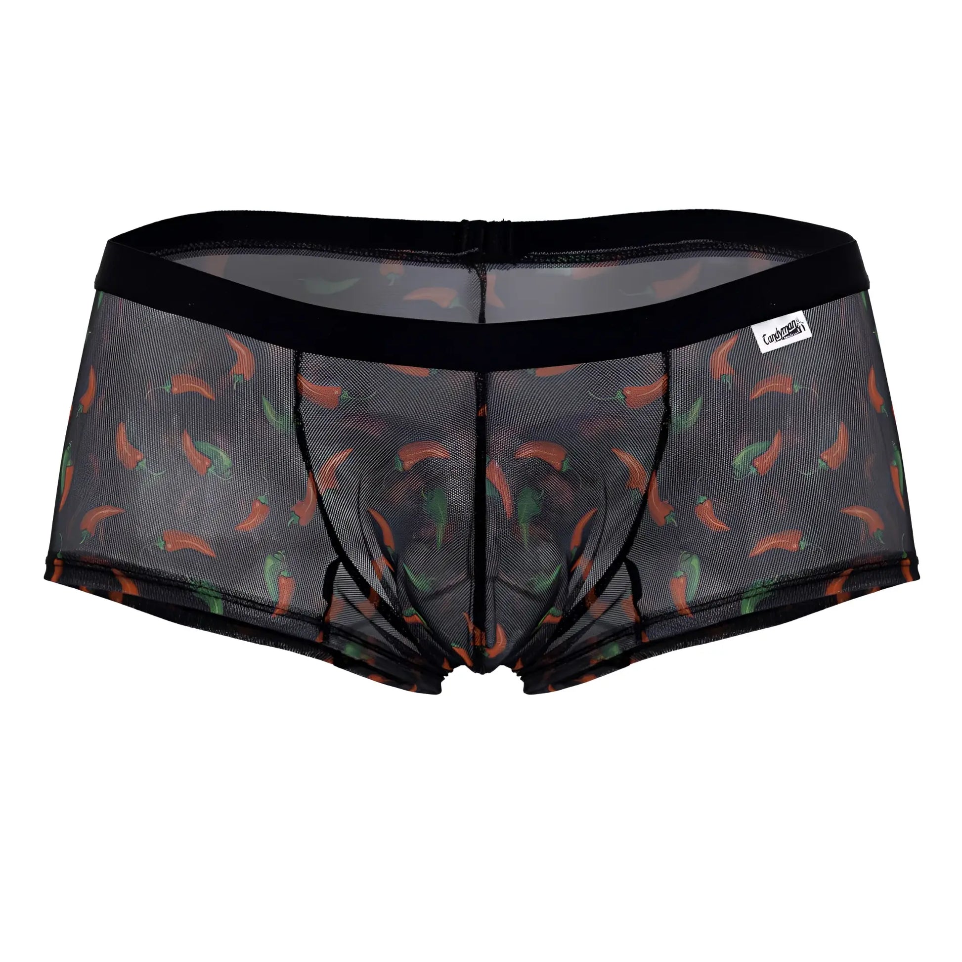 Black mesh briefs candyMan 99873 featuring a playful orange and green chili pepper print on black fabric