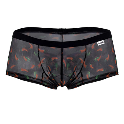 Black mesh briefs candyMan 99873 featuring a playful orange and green chili pepper print on black fabric