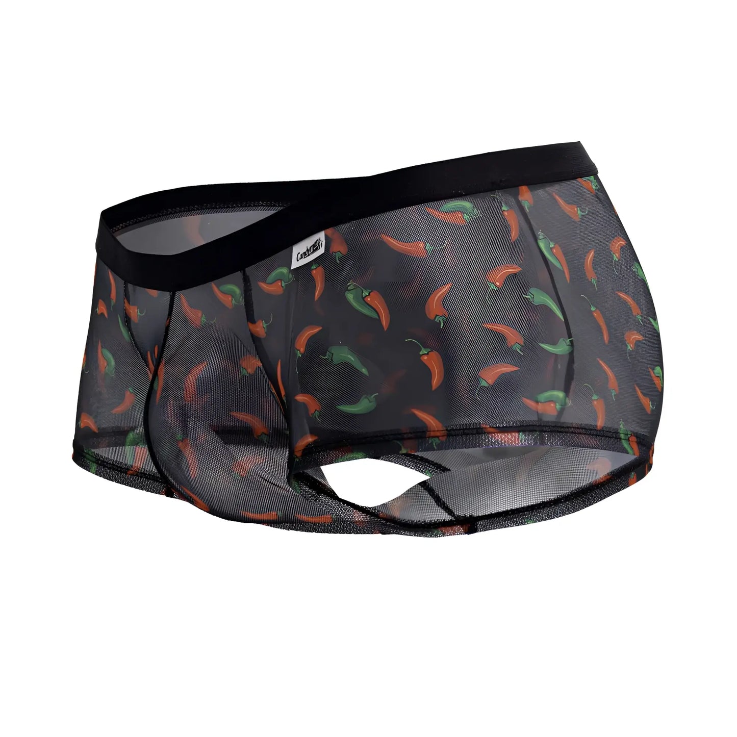 Black candyMan 99873 mesh briefs with orange and green chili pepper print featuring a playful pattern