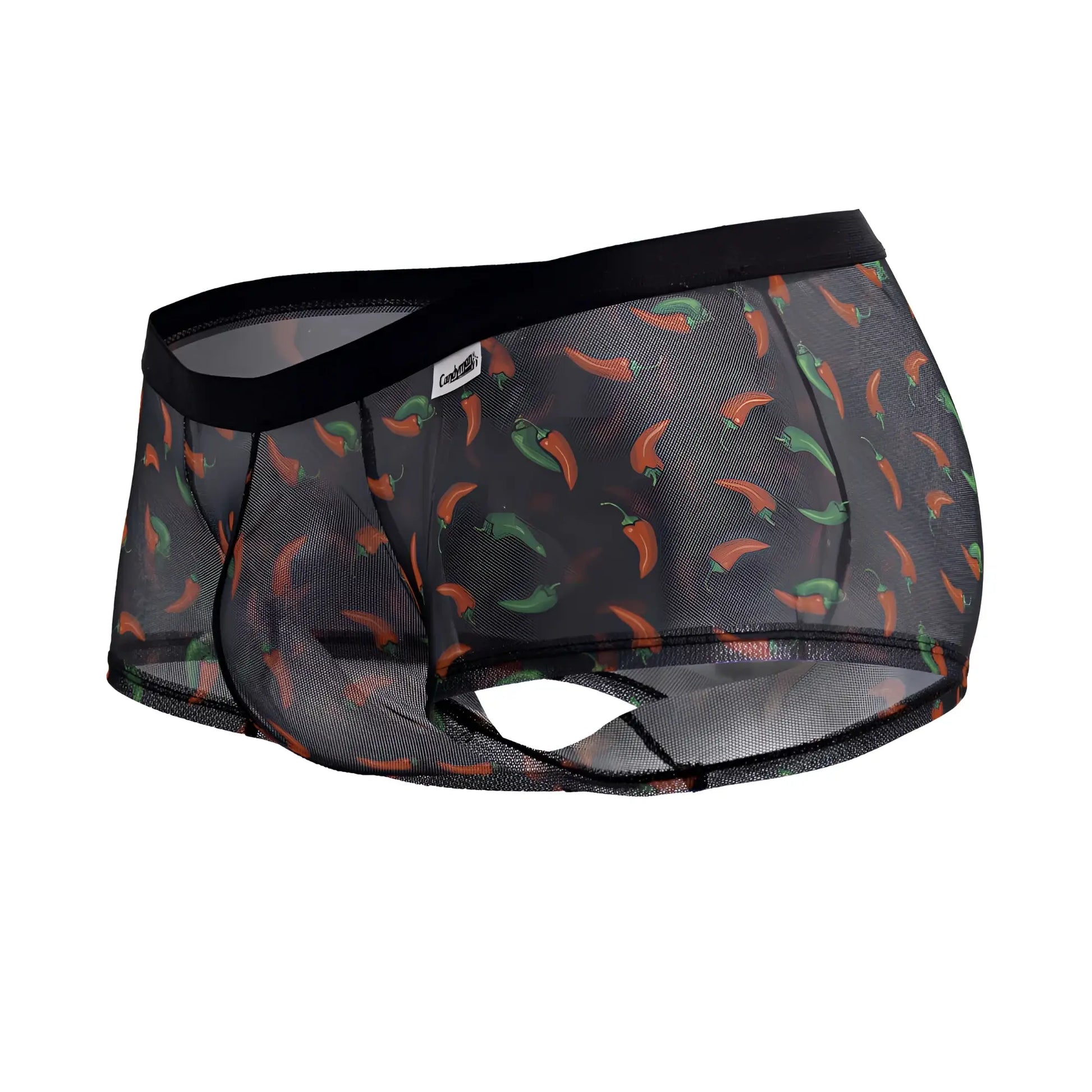 Black candyMan 99873 mesh briefs with orange and green chili pepper print featuring a playful pattern