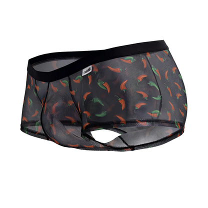 Black candyMan 99873 mesh briefs with orange and green chili pepper print featuring a playful pattern